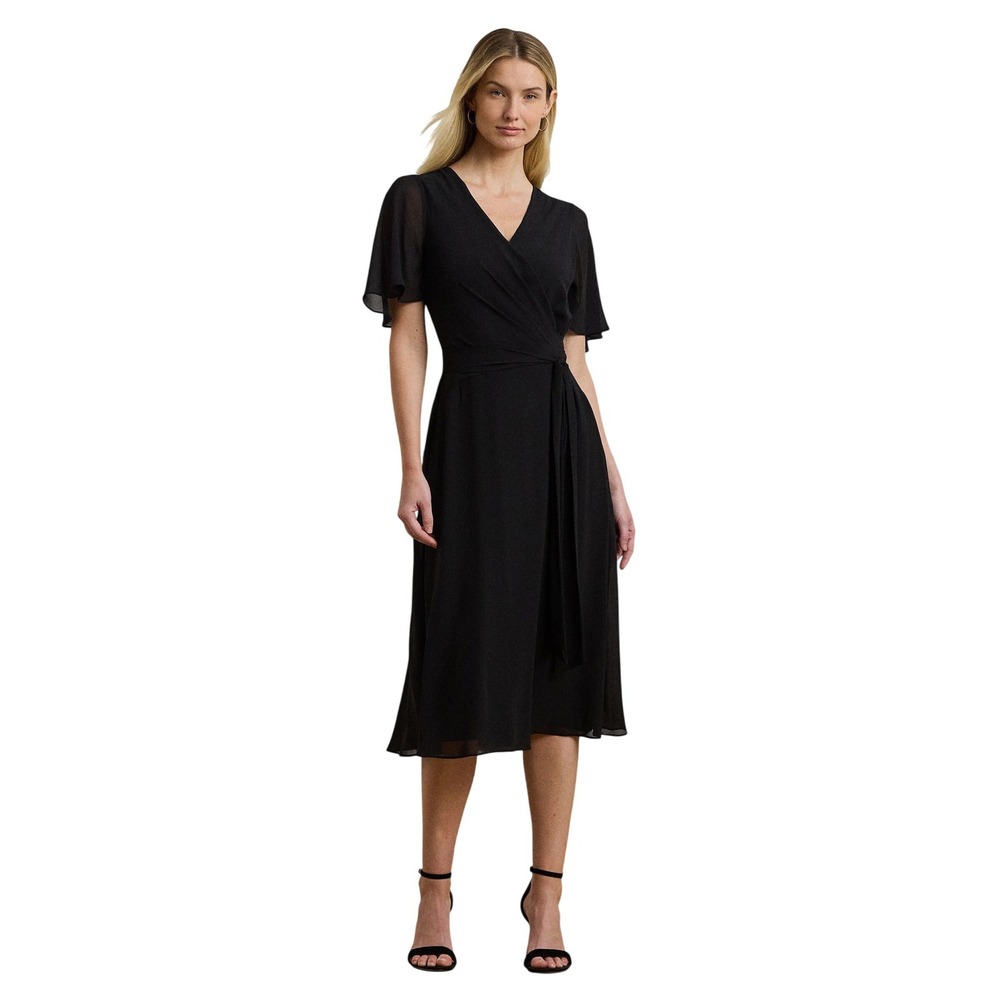 Lauren Ralph Lauren Women's Ruffle Sleeve V Neck Cocktail Midi Dress Black Sz‎ 6